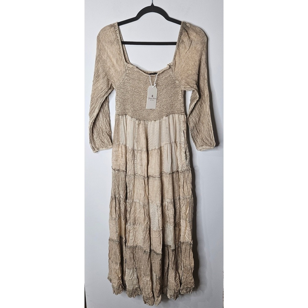 Young Threads Latte Cotton Boho Smocked Patchwork Neutral Flowy Maxi Dress NWT S